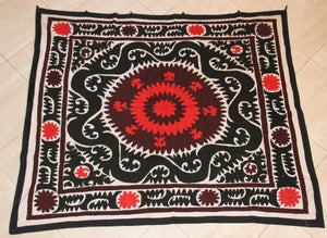 Vintage Red and Black Samarkand Suzani, Uzbekistan Embroidered Textile