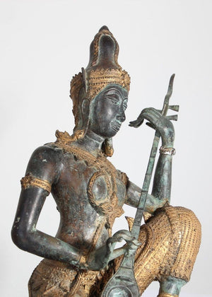 Asian Thai Gilt Vintage Bronze Statue of a Prince Playing Music