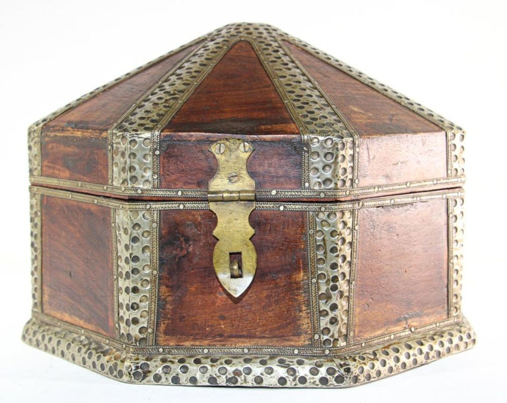 Large Asian Decorative Wooden Jewelry Box with Hammered Brass Metal Overlay