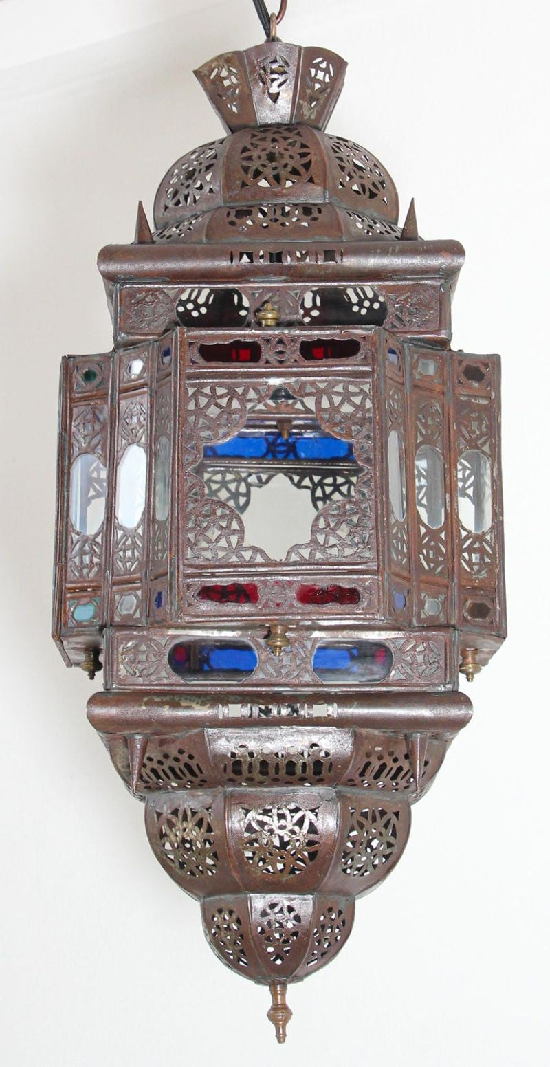 Vintage Moroccan Moorish Bronze Metal & Multicolor Glass Hanging Lantern