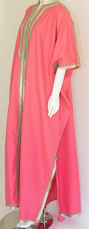 Moroccan Caftan Pink Color with Silver Trim, Vintage Kaftan circa 1970