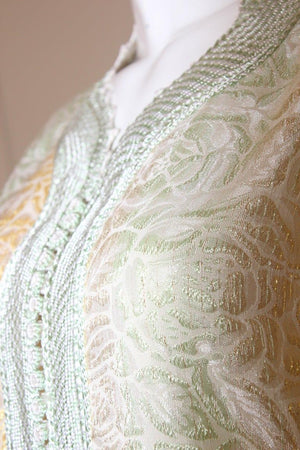 Vintage Moroccan Kaftan, Gold and Sage Damask Embroidered, ca. 1970s