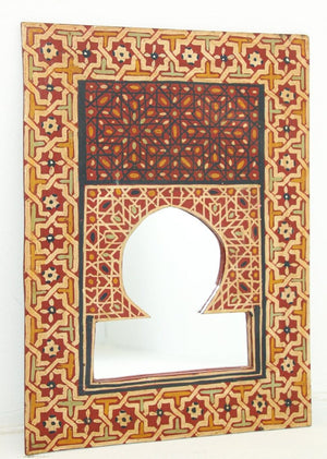 Vintage Moroccan Mirror Hand Painted with Red Moorish Design