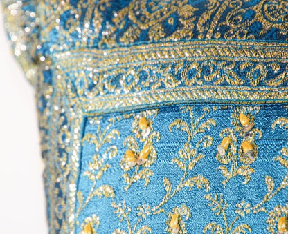 Turquoise Mughal Style Decorative Throw Pillow Embellished with Sequins and Bead