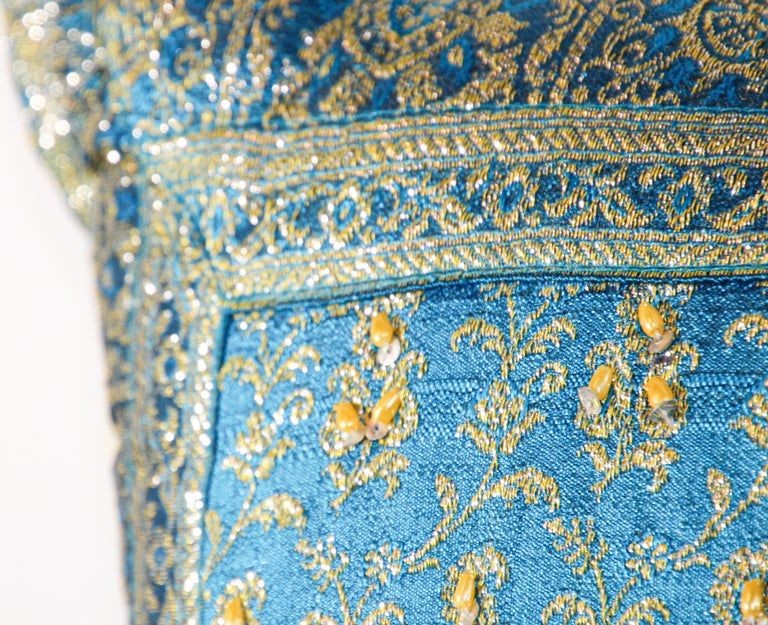 Turquoise Mughal Style Decorative Throw Pillow Embellished with Sequins and Beads