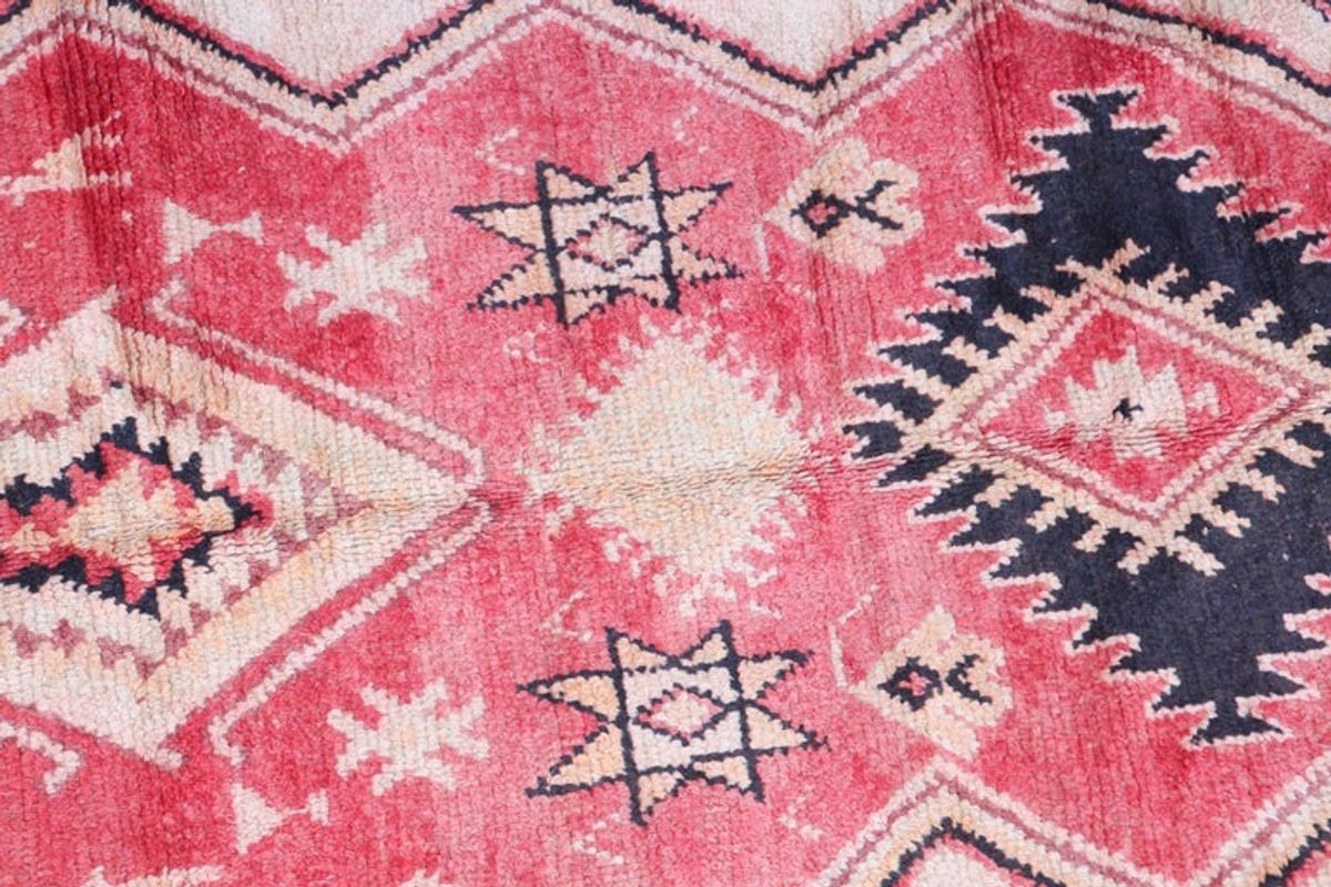 Vintage Moroccan Berber Rug in Saffron, Coral and Black, 71 x 145 in, 1960s