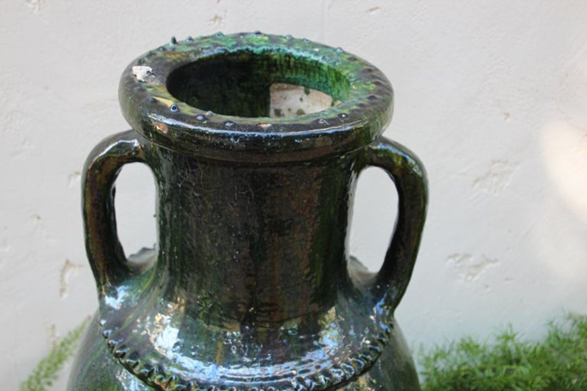Moroccan Vintage Tamgroute Green Olive Jar with Handles