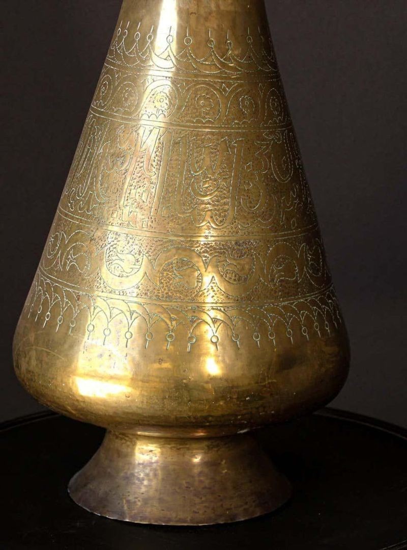 Large Islamic Brass Calligraphic Two-Handled Vase, circa 1920