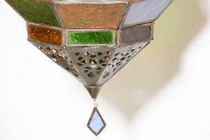 Handcrafted Moroccan Metal and Multi-Color Glass Lantern Octagonal Diamond Shape