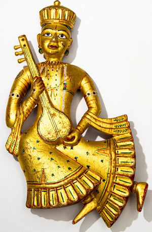 Hand Carved Wood Rajasthani Female Musicians Wall Sculptures from India Set of 2