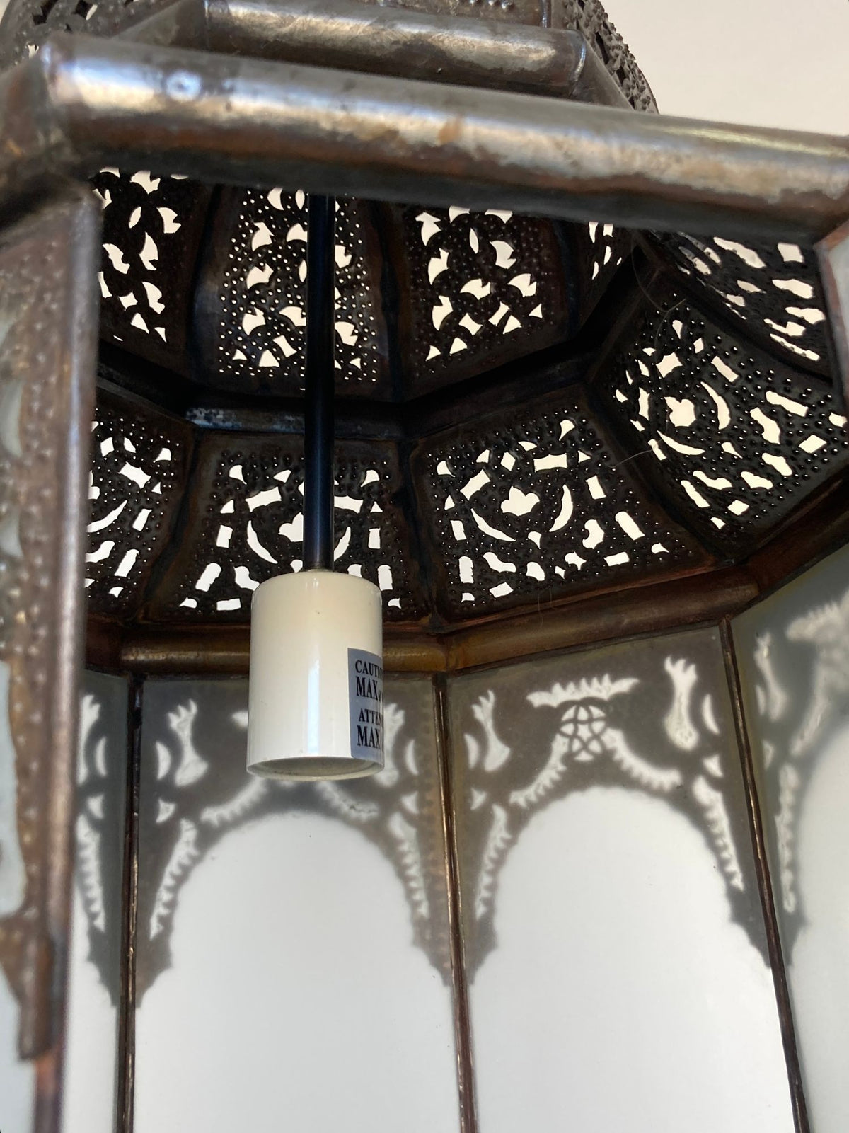 Moroccan Moorish Hanging Metal Lantern with Milky Glass