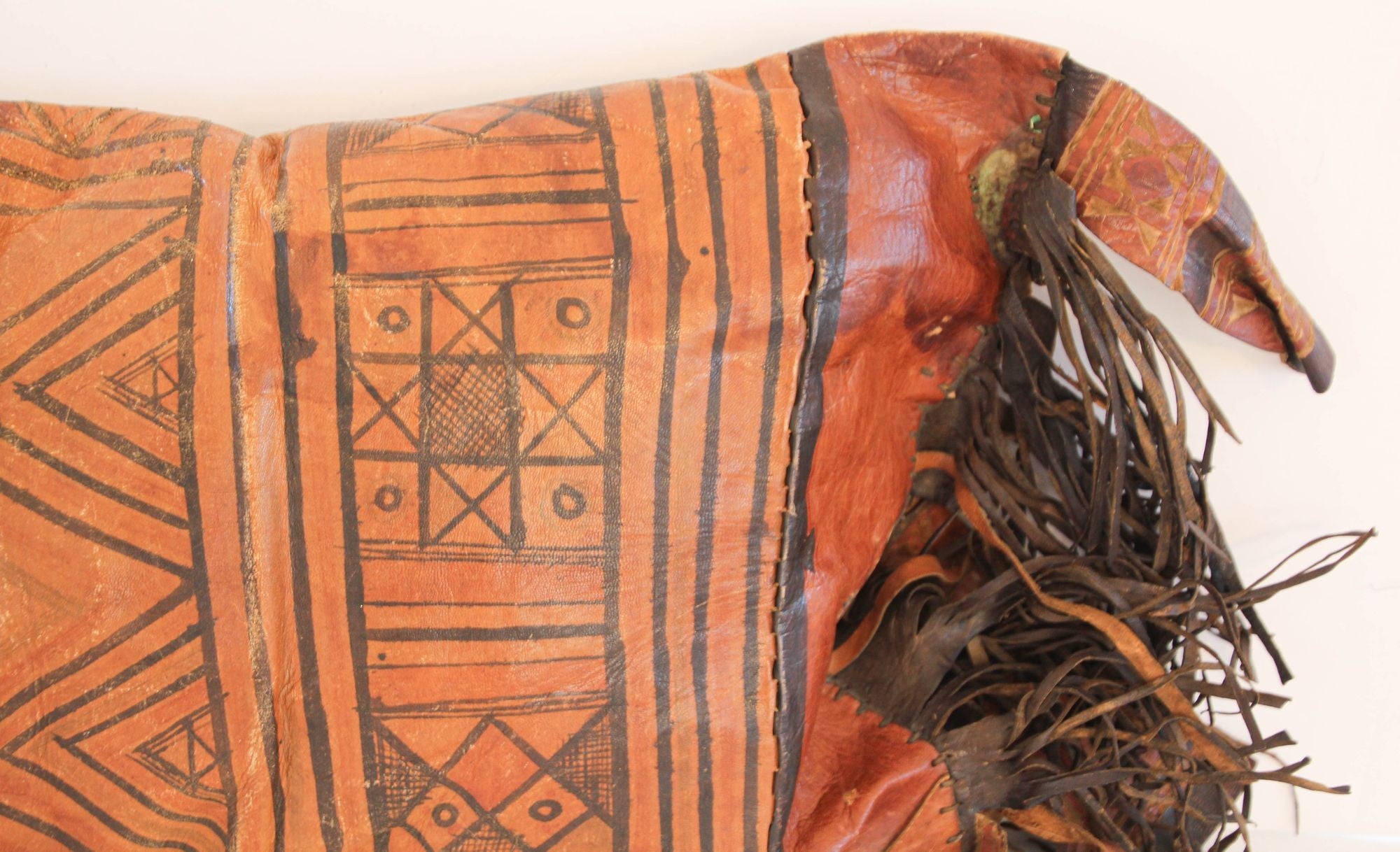 African Tuareg Hand-Tooled Leather Pillow with Fringes