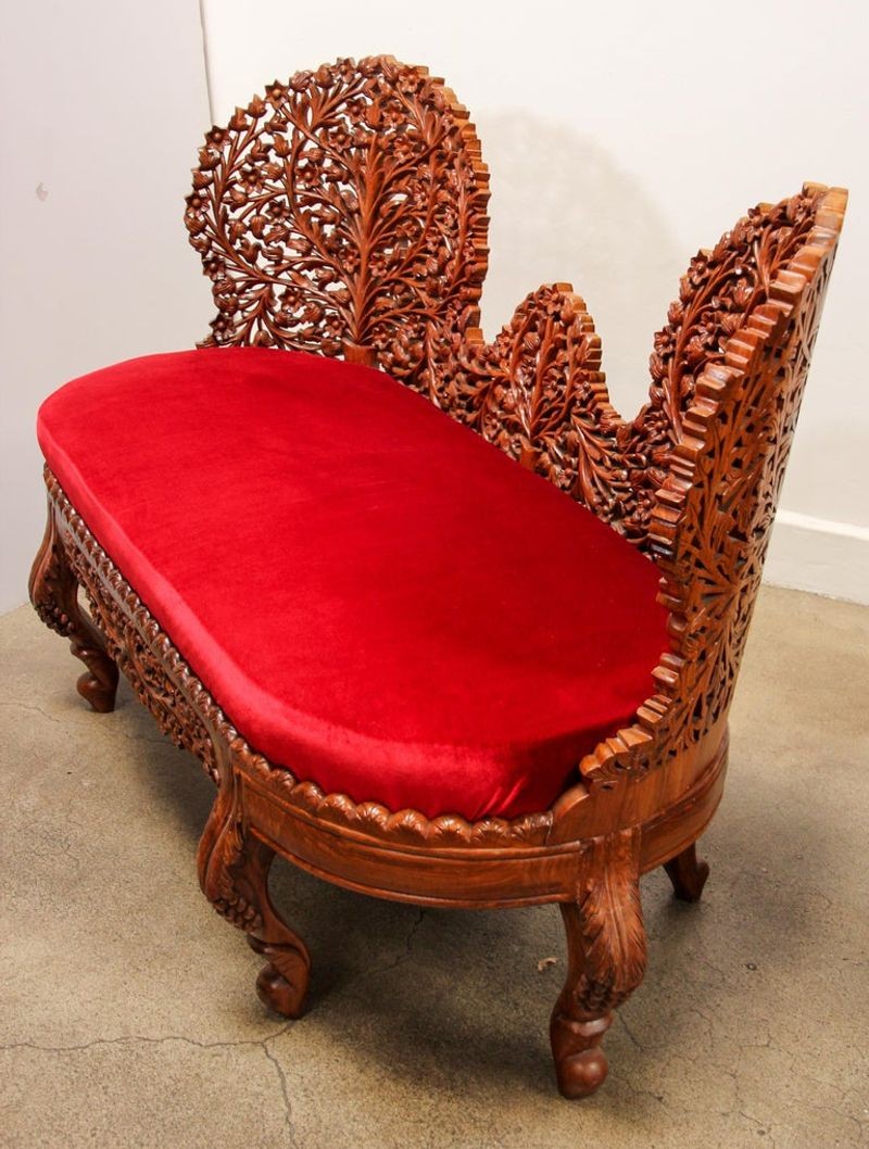 Anglo-Raj Settee with Open Back Hand Carved Tree of Life Back