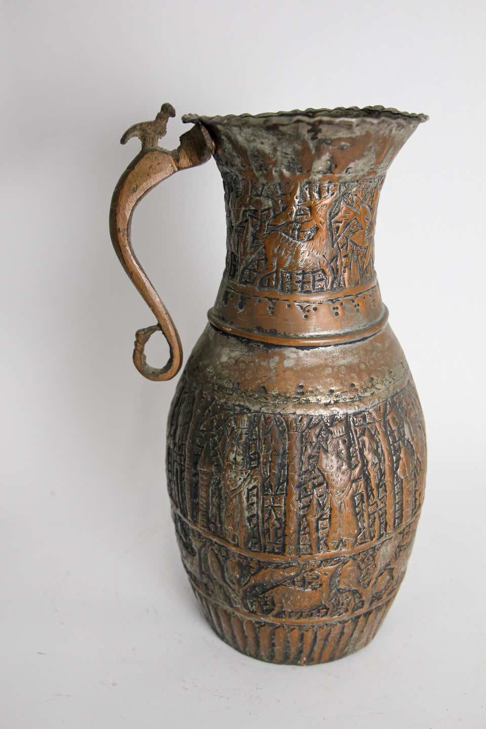Antique 19th Century Moorish Tinned Copper Ewer, Hand-Hammered, Turkey