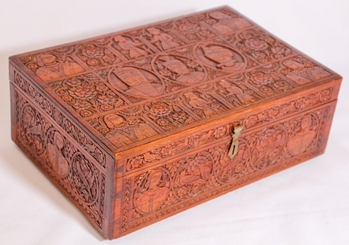Large Early 19th Century Antique Hand Carved Wooden Mughal Decorative Box