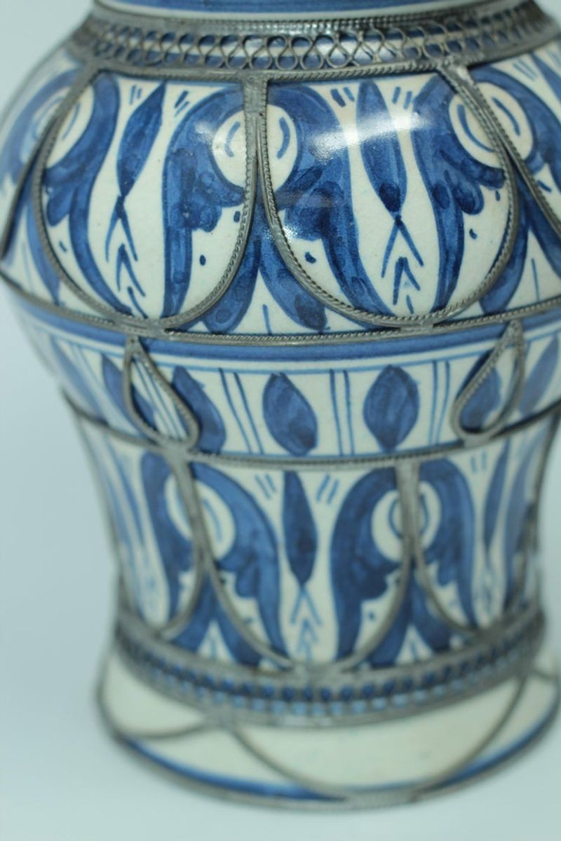 Moroccan Ceramic Vase from Fez Blue and White with Silver Filigree