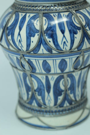 Moroccan Ceramic Vase from Fez Blue and White with Silver Filigree