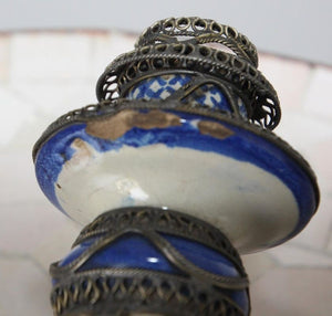 Antique Moroccan Ceramic Candlestick from Fez with Silver Filigree