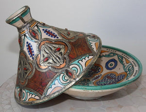 Moroccan Moorish Ceramic Bowl with Lid, Tajine from Fez