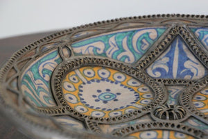 Antique Moroccan Ceramic Bowl Adorned with Moorish Silver Filigree from Fez