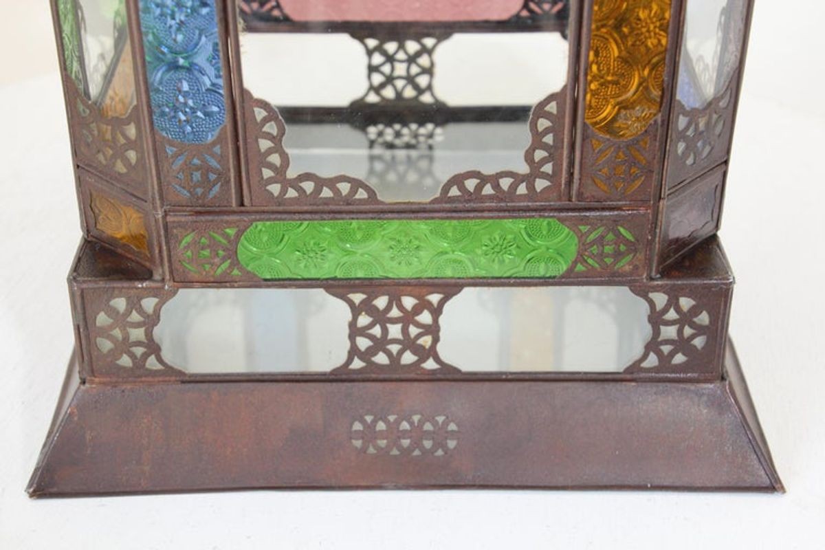 Moroccan Metal Lantern with Multicolor Glass