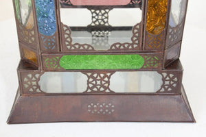 Moroccan Moorish Metal Lantern with Multicolor Glass