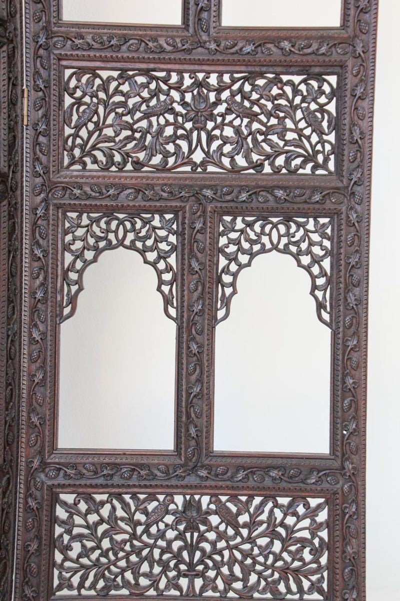 19th Century Anglo-Indian Mughal Carved Hardwood Three-Panel Screen, circa 1880