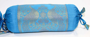 Bolster Pillows Turquoise Blue and Gold Colors with Peacock - A Pair