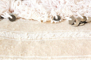Vintage Moroccan White Pillow with Silver Sequins and Long Fringes