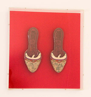 Framed Pair of Asian Chinese Antique Leather and Silk Embroidered