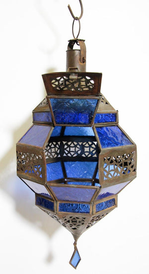 Handcrafted Moroccan Blue Glass Lantern Metal Octagonal Diamond Shape