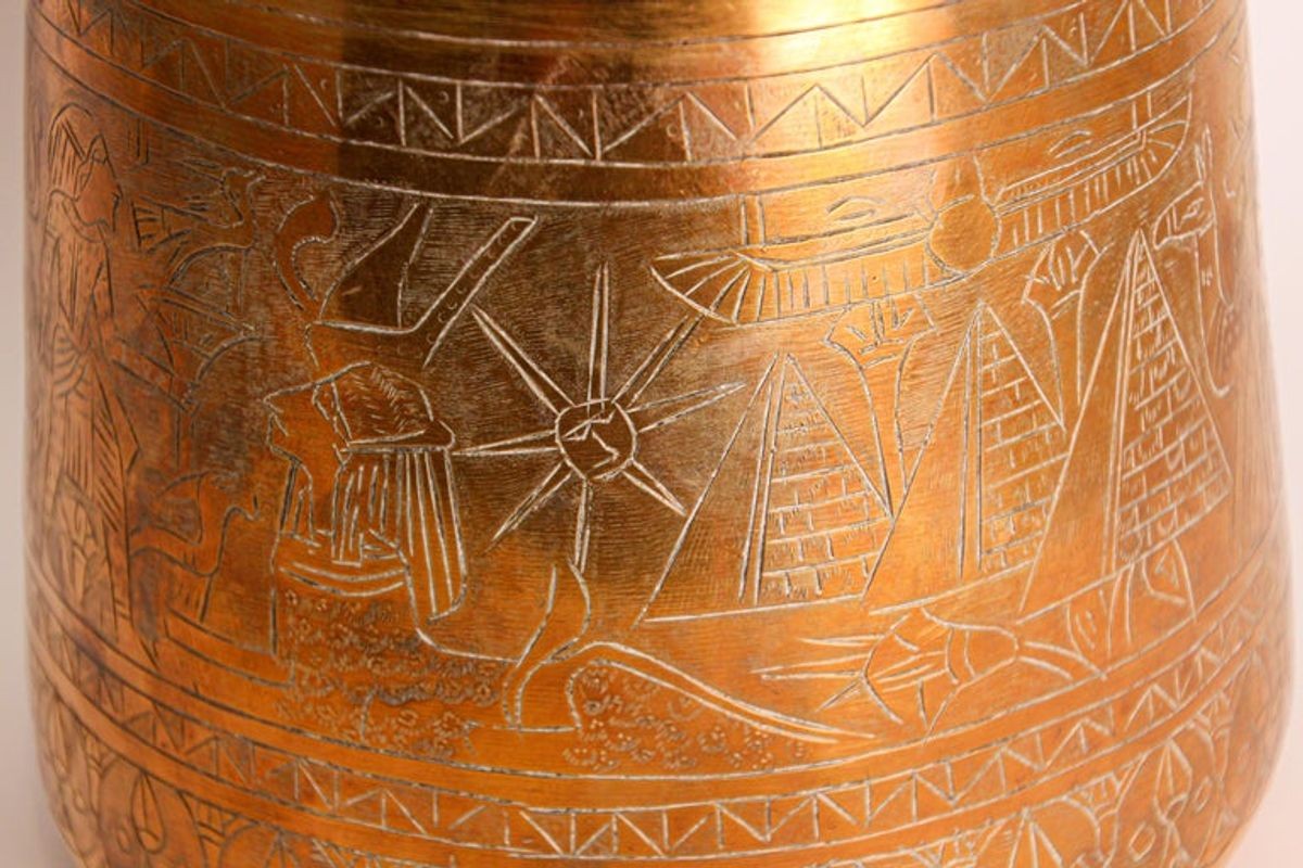 Hand Etched Egyptian Brass Vessel Jardiniere, 19th Century