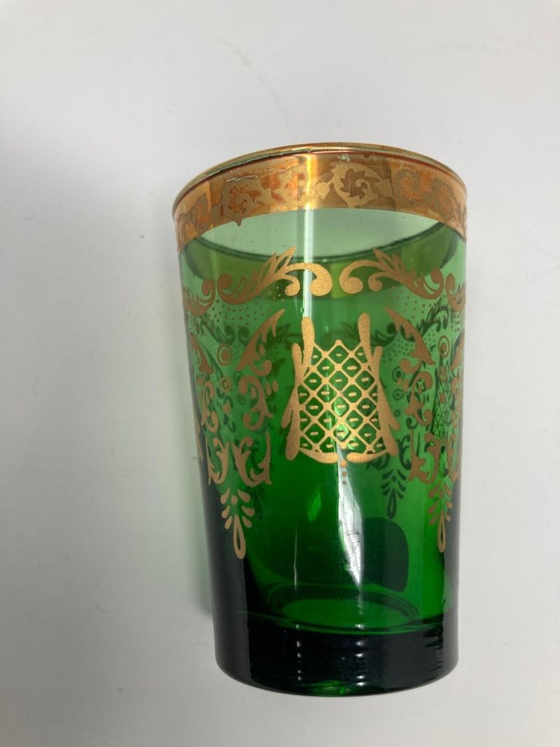 Set of Six Handblown Moorish Green and Gold Tea Glasses