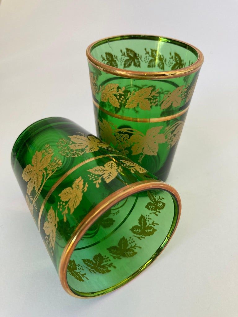 Set of Six Handblown Italian Moorish Green with Gold Shot Glasses