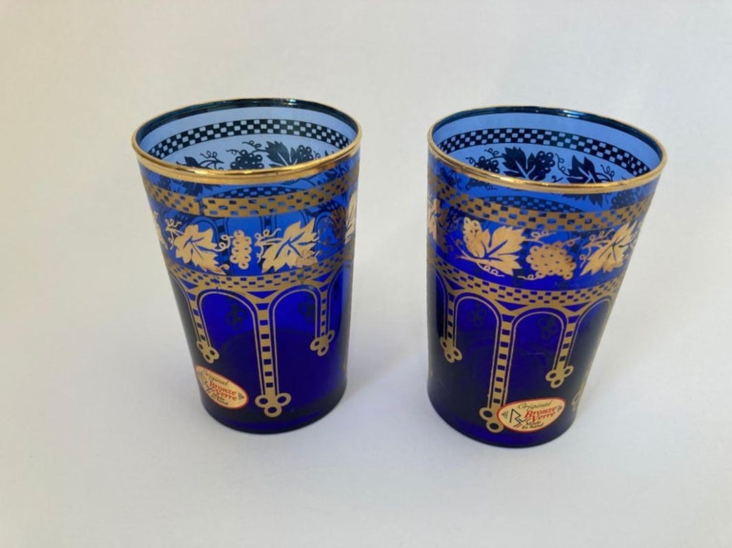Moorish Blue and Gold Crystal Barware Italian Drinking Glasses Set of 4
