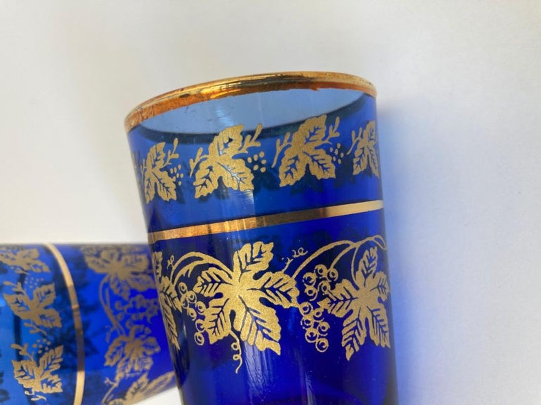 Set of Six Handblown Moorish Blue and Gold Glasses