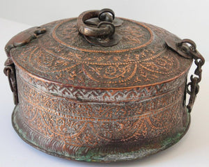 Large Decorative Indian Mughal Round Copper Box with Lid
