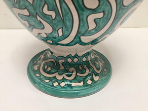 Large Moroccan Glazed Ceramic Vase With Arabic Calligraphy Turquoise Writing Fez