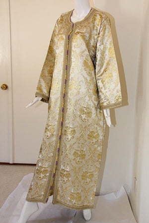 Moroccan Vintage Caftan in Gold Metallic Brocade, Maxi Gown Dress Kaftan