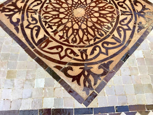 Moroccan Mosaic Tile Side table on Iron Base, Brown and White