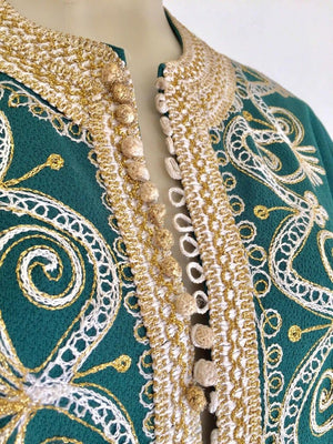 Vintage Moroccan Caftan Emerald Green Maxi Dress, circa 1970 Size M