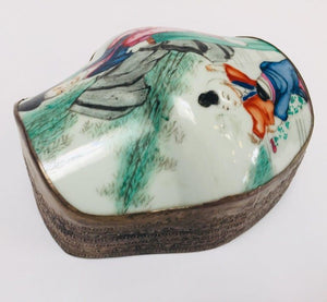 Vintage Trinket Metal Box with Porcelain Top Hand Painted Asian Scene