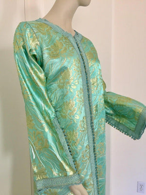 Moroccan Kaftan in Aqua and Gold Floral Brocade Metallic Lame