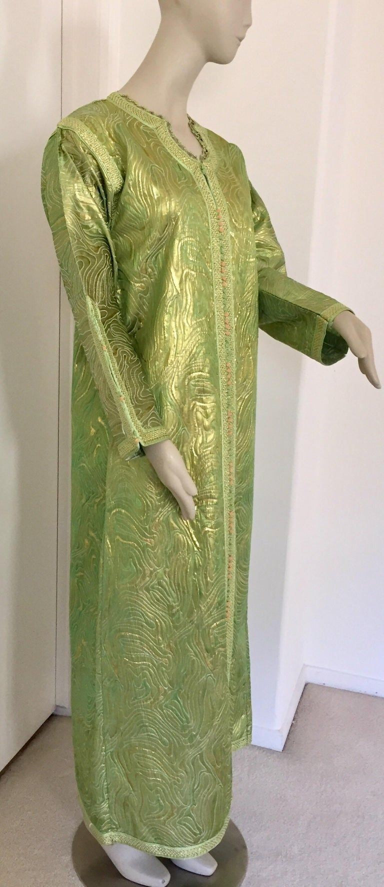 Moroccan Kaftan in Green and Gold Brocade Metallic Lame