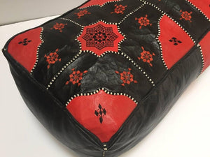 Vintage Moroccan Leather Rectangular Pouf in Red and Black