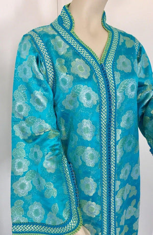 Moroccan Kaftan in Turquoise and Gold Floral Brocade Metallic Lame