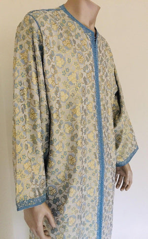 Metallic Blue and Silver Brocade 1970s Maxi Dress Caftan, Evening Gown Kaftan