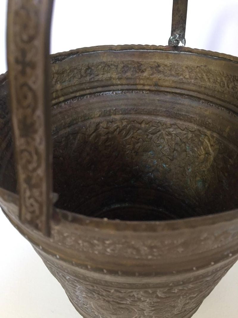 Handcrafted Copper Vessel Bucket with Floral Design, India