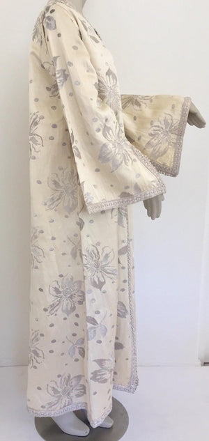 1960's Vintage Moroccan Caftan with Silver Metallic Floral Silk Brocade