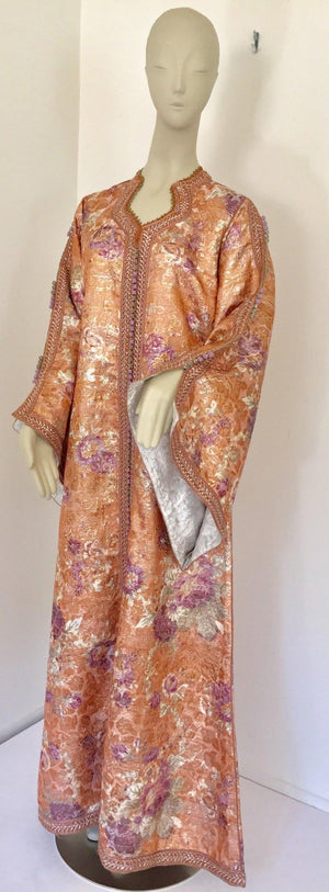 Moroccan Kaftan Orange and Purple Floral with Gold Embroidered Maxi Dress Caftan